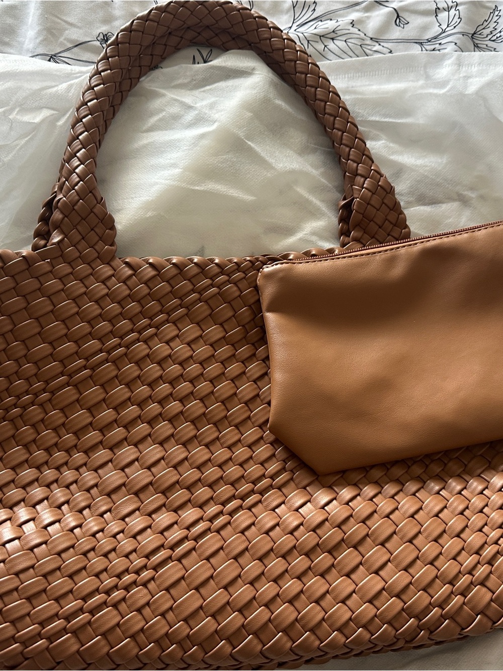 Handmade Woven Vegan Leather Tote Bag in Cognac with Pouch